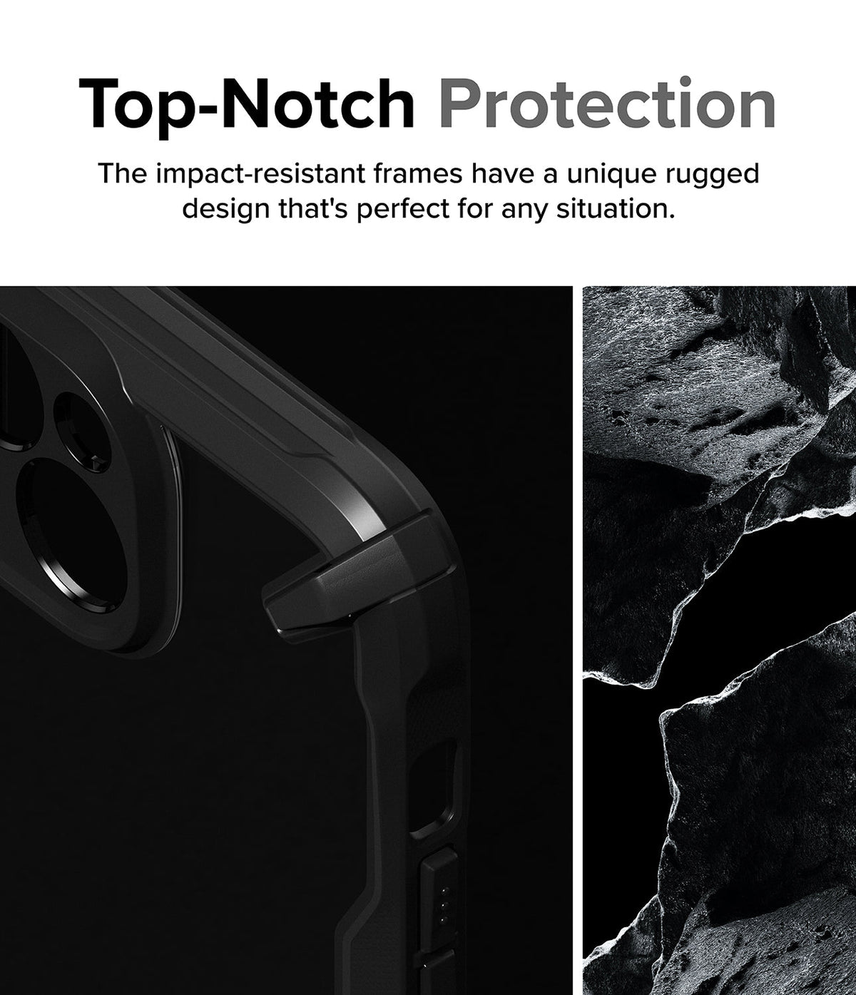 iPhone 15 Plus Case | Fusion-X - Close-up of a rugged black phone case frame next to a textured rock background.