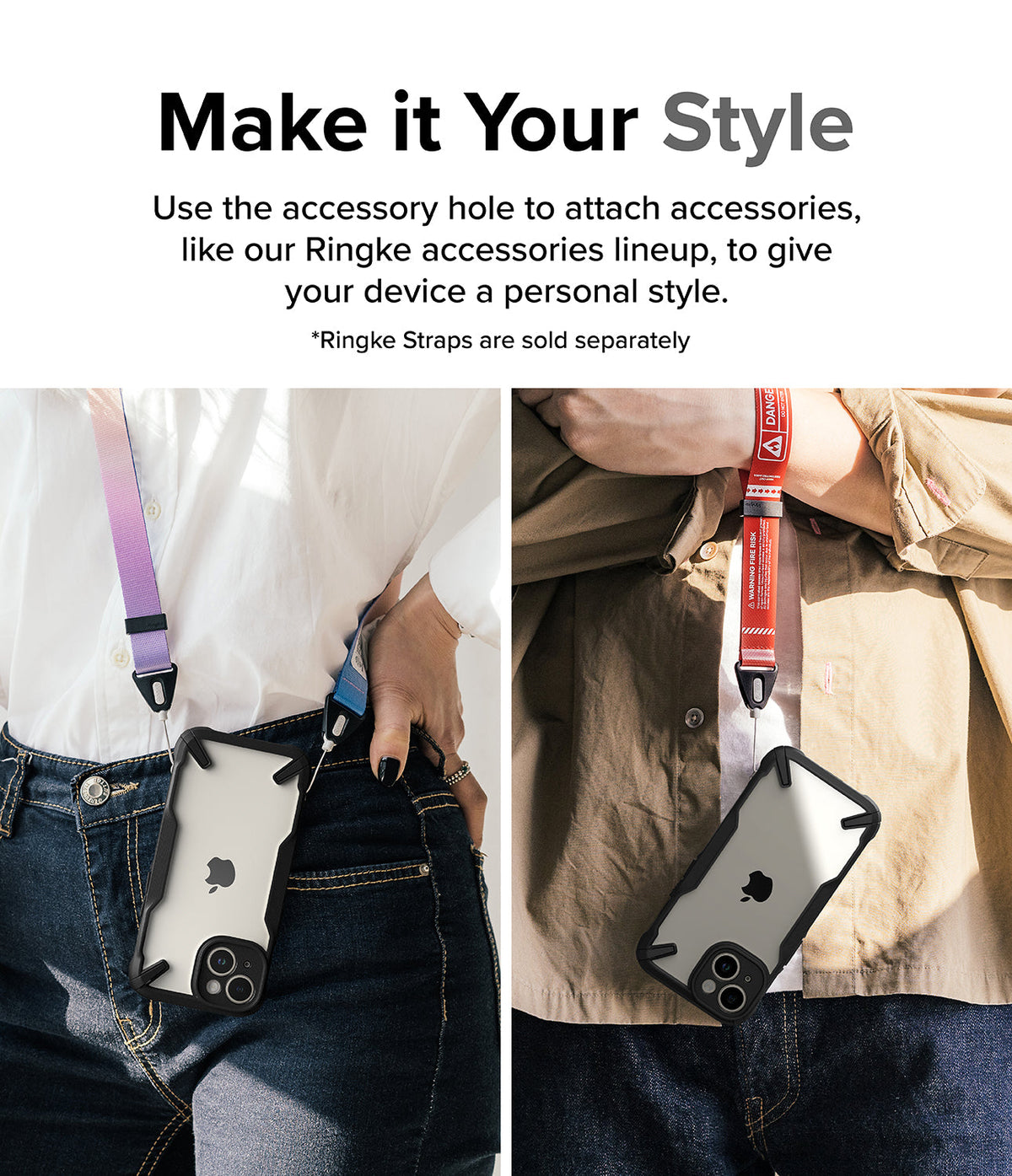 iPhone 15 Plus Case | Fusion-X - Two people wearing phones in black cases around their necks using colorful accessory straps.