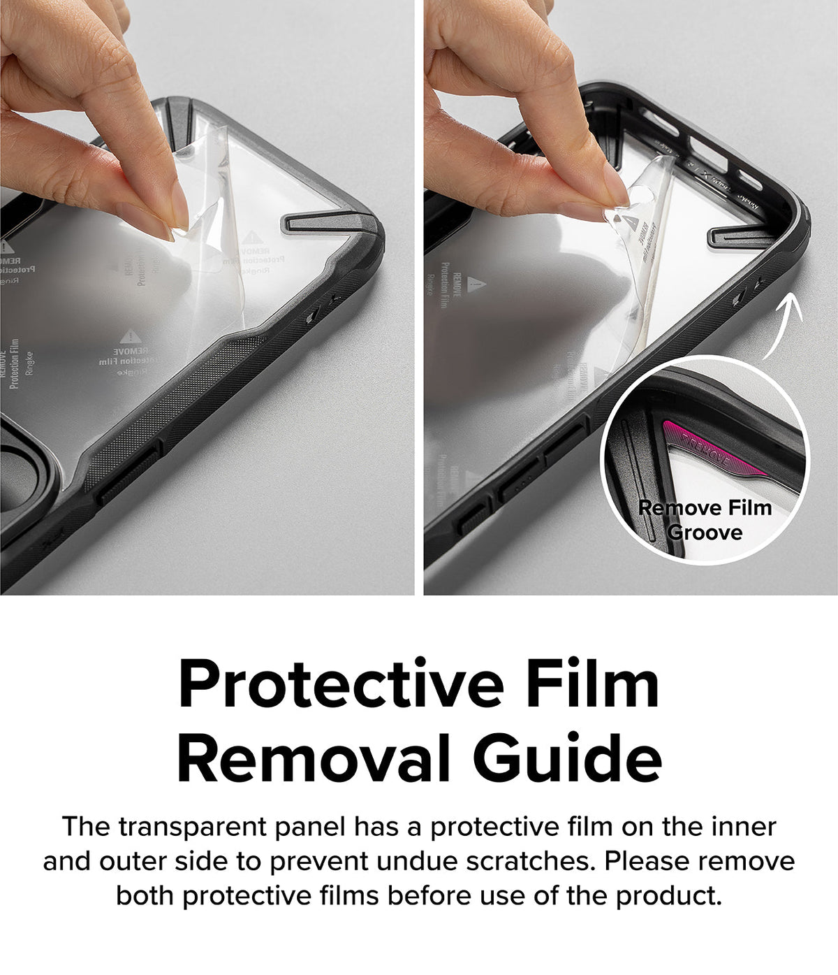 iPhone 15 Plus Case | Fusion-X - Hands peeling protective film from the inner and outer sides of a clear phone case.