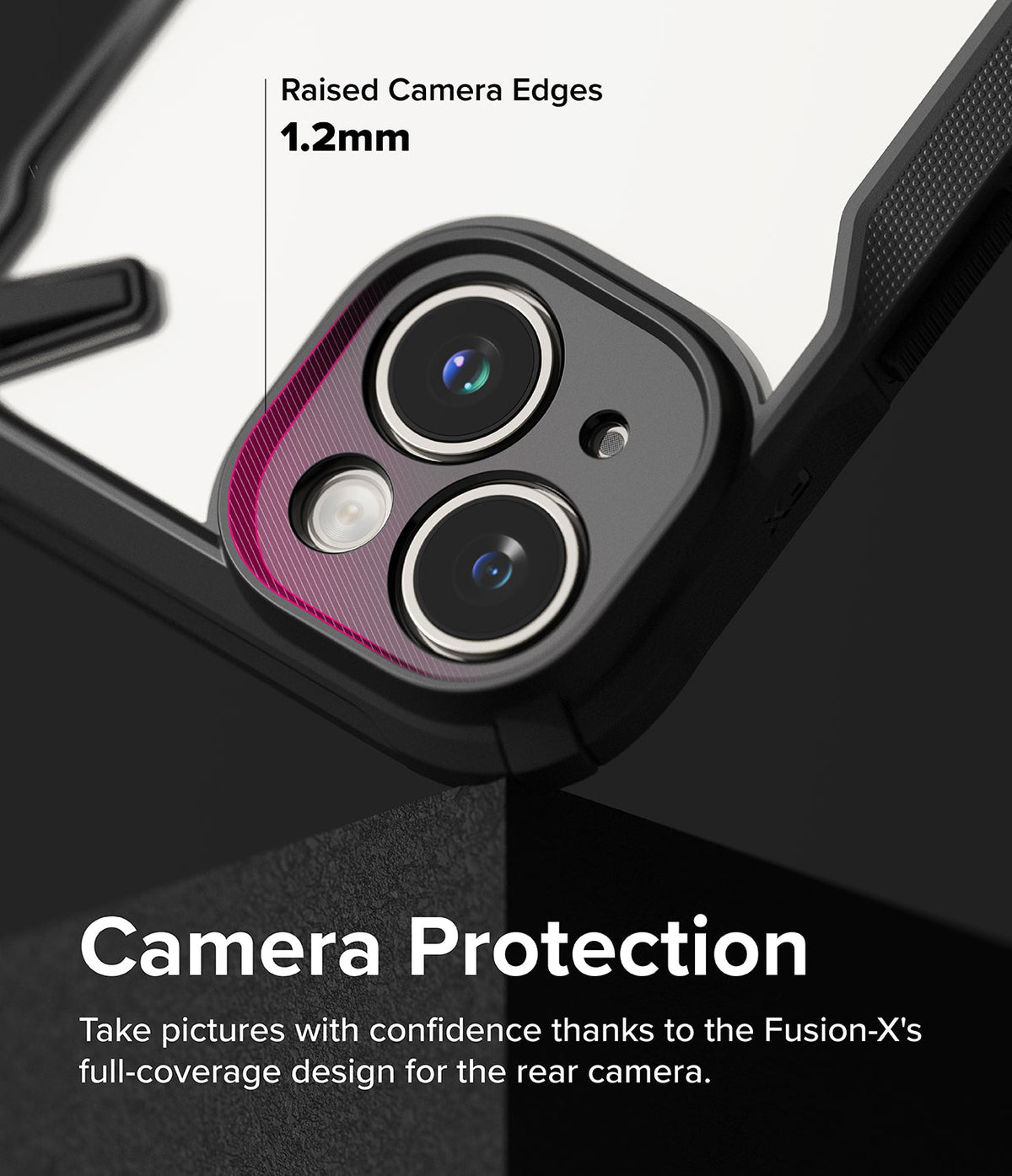 iPhone 15 Plus Case | Fusion-X - Close-up of phone case highlighting 1.2mm raised edges for rear camera protection.