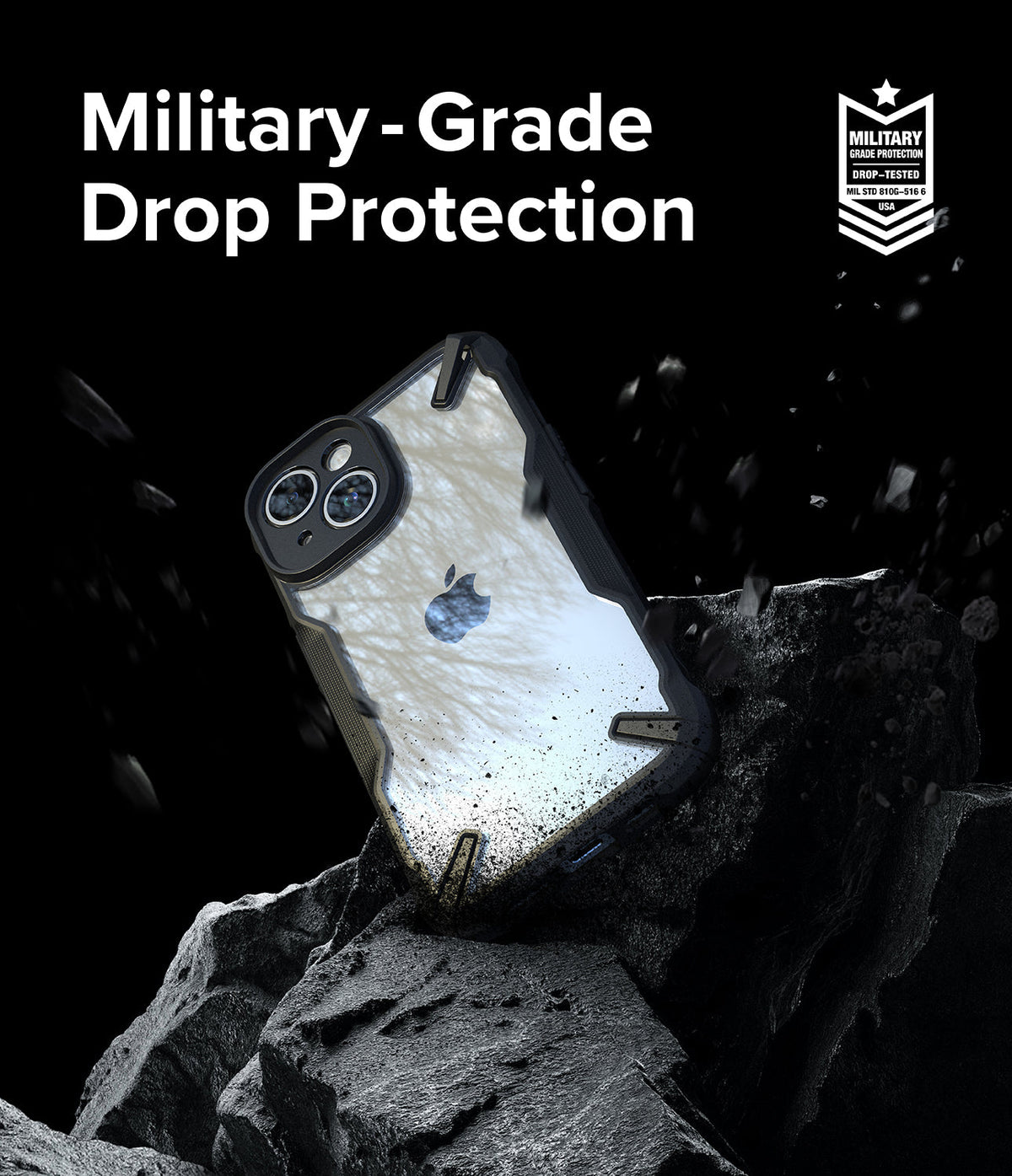 iPhone 15 Plus Case | Fusion-X - Protective case on jagged rock with debris, highlighting military-grade drop protection.