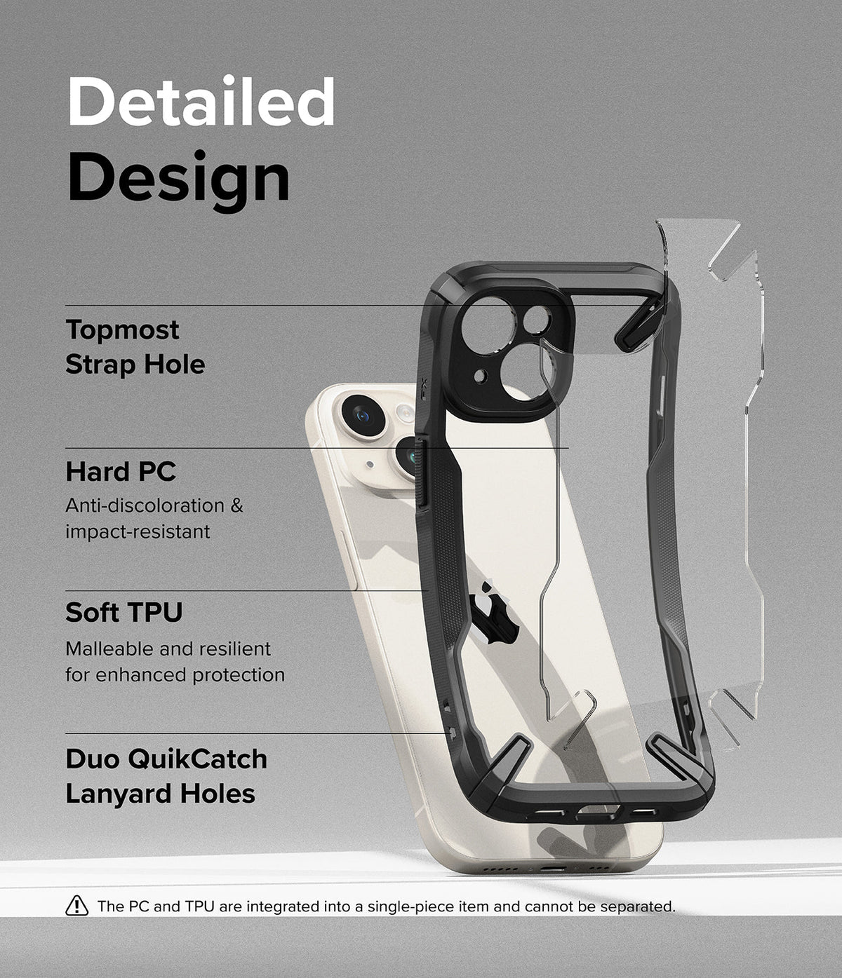 iPhone 15 Plus Case | Fusion-X - Exploded view of a protective phone case highlighting strap holes, PC, and TPU materials.