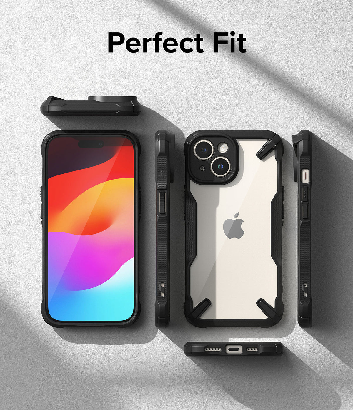 iPhone 15 Plus Case | Fusion-X - Multiple views of a black protective phone case with a clear back on a textured surface.