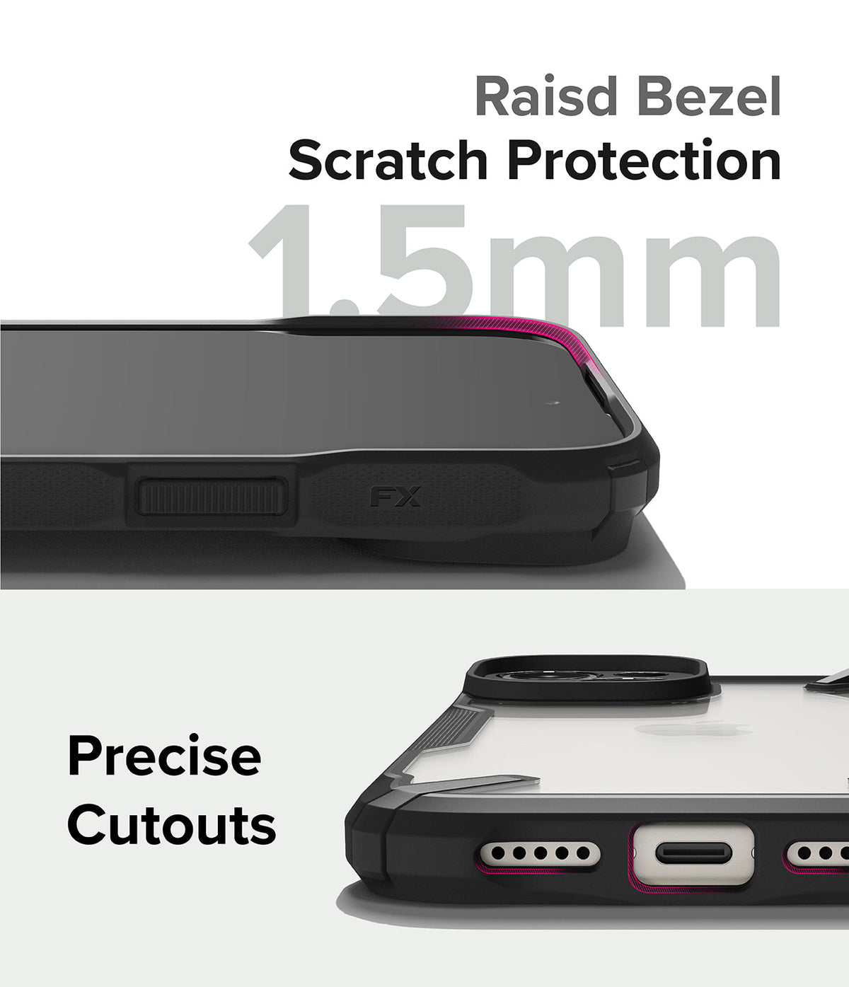 iPhone 15 Plus Case | Fusion-X - Close-ups showing 1.5mm raised screen bezels and precise port cutouts on a black phone case.