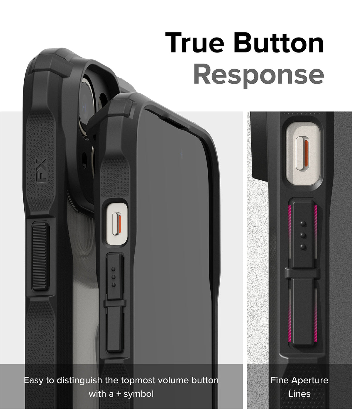 iPhone 15 Plus Case | Fusion-X - Close-up of black phone case buttons with tactile markings and fine aperture lines.
