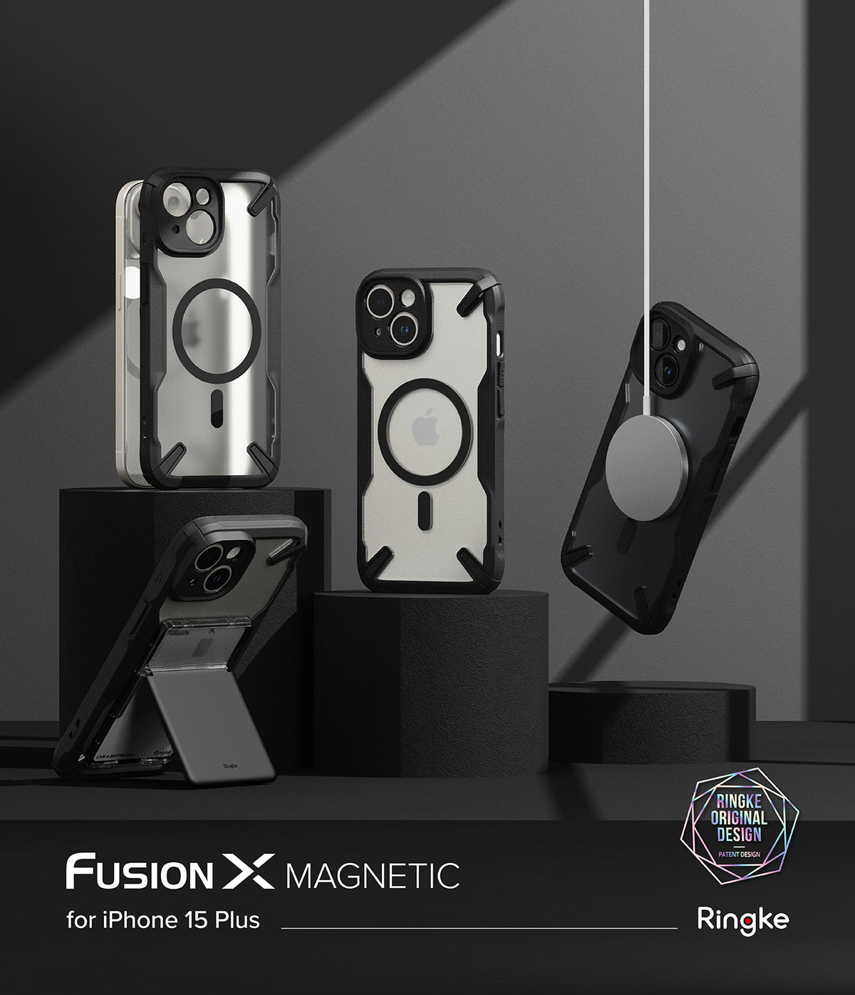 iPhone 15 Plus Case | Fusion-X Magnetic Matte Black - Four matte black Fusion-X cases displayed on dark pedestals.