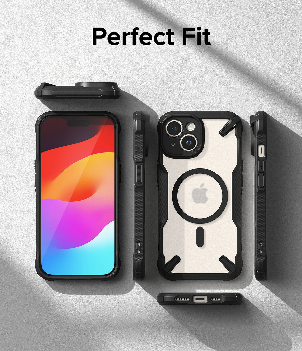 iPhone 15 Plus Case | Fusion-X Magnetic Matte Black - Exploded view of a matte black phone case showing all sides.
