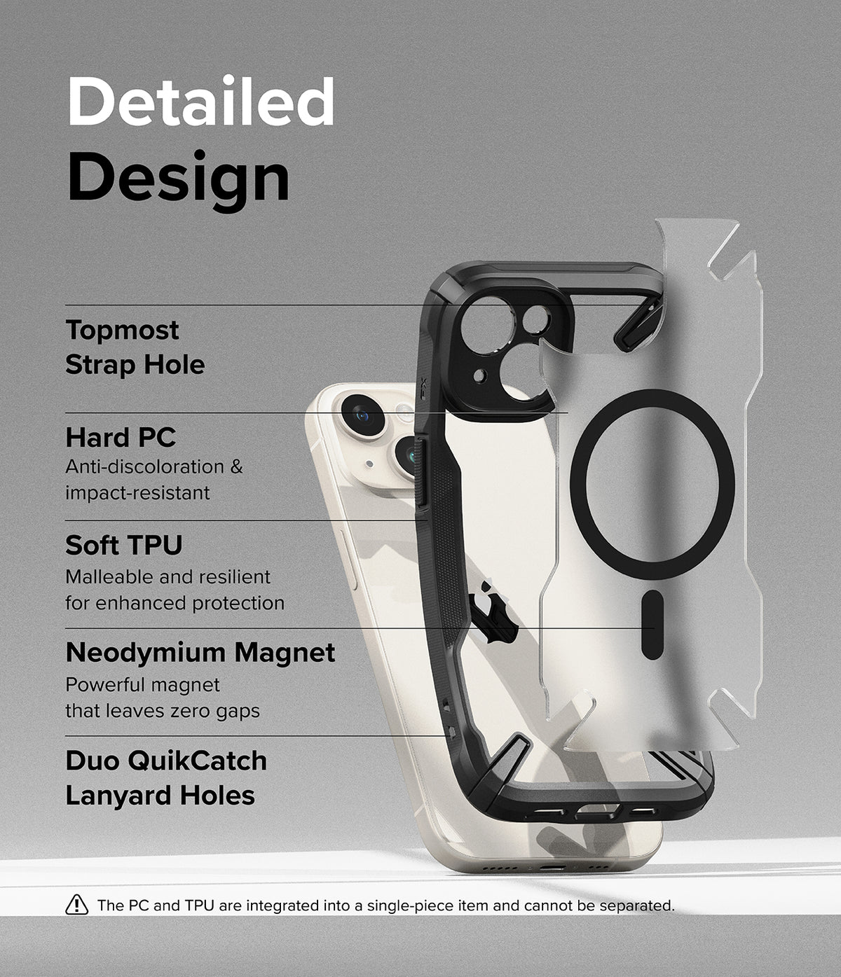 iPhone 15 Plus Case | Fusion-X Magnetic Matte Black - Exploded view of phone case features including magnets, TPU, and PC.