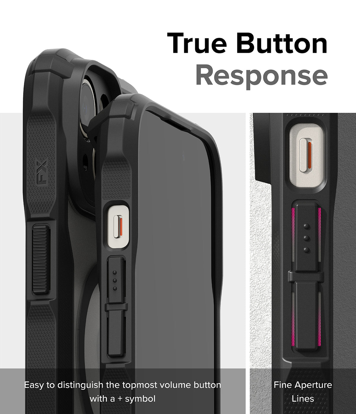 iPhone 15 Plus Case | Fusion-X Magnetic Matte Black - Close-up of matte black phone case buttons with tactile markings.
