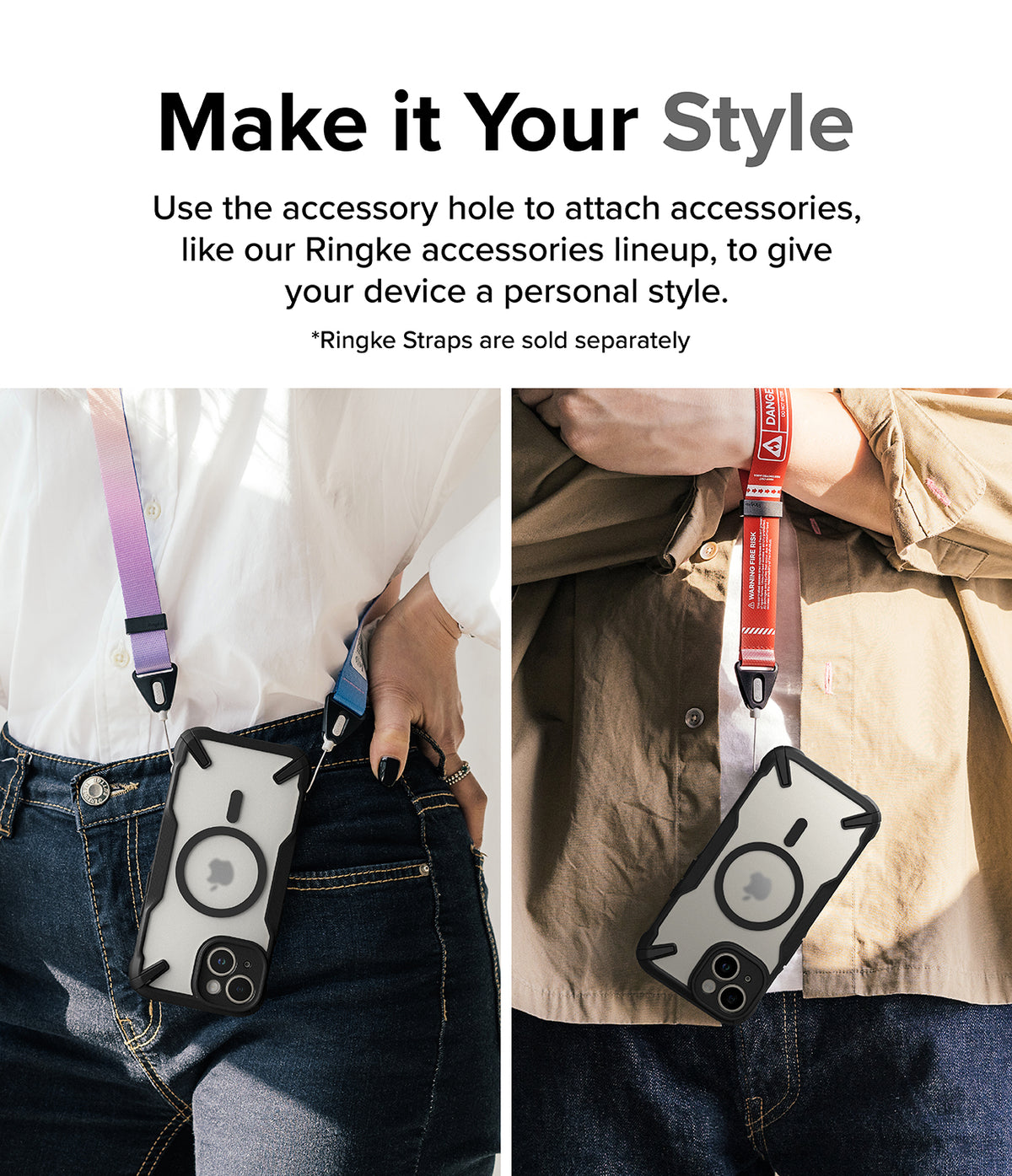 iPhone 15 Plus Case | Fusion-X Magnetic Matte Black - Two people wearing phones with lanyards attached to case holes.