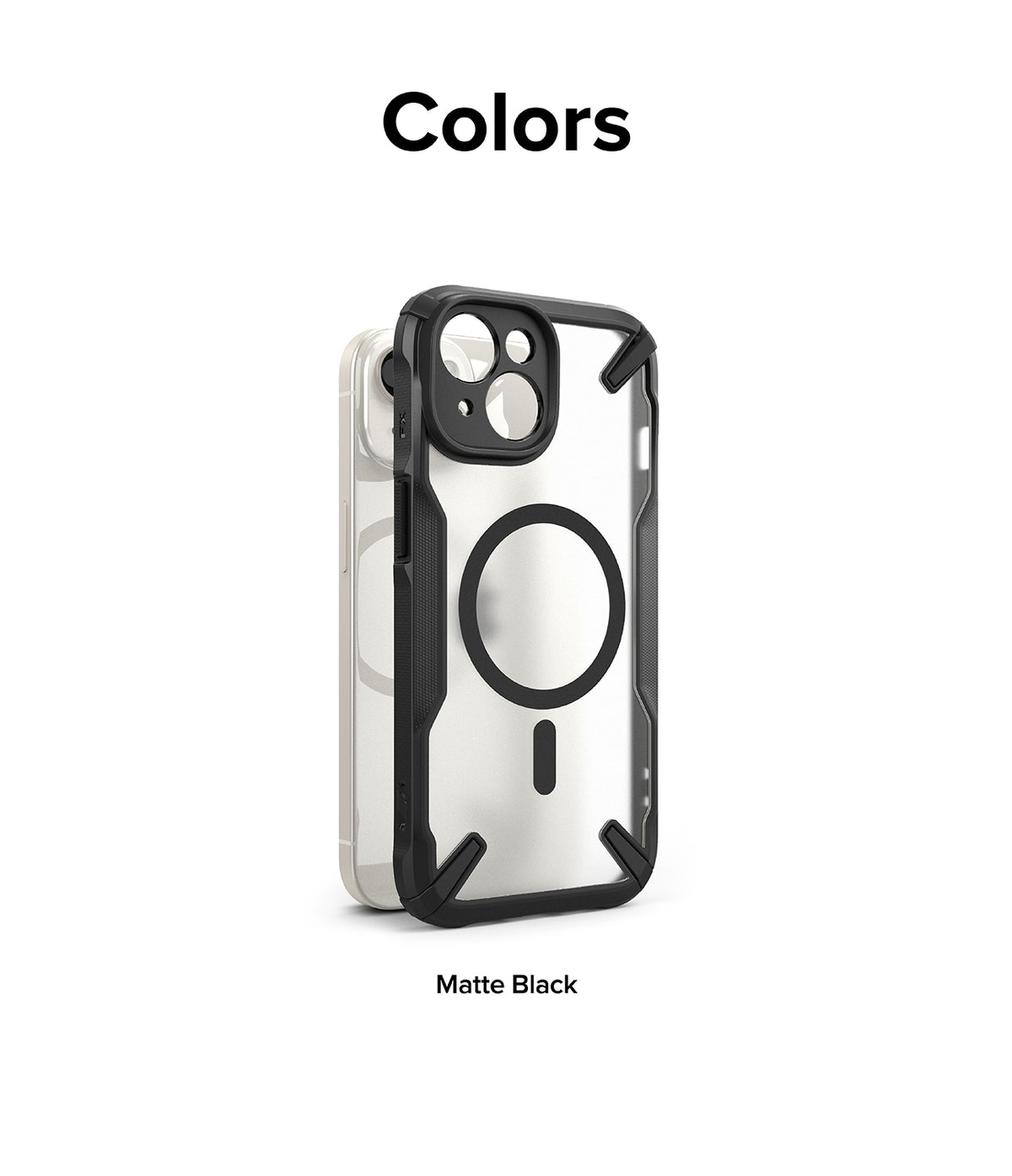 iPhone 15 Plus Case | Fusion-X Magnetic Matte Black - Matte black protective case with MagSafe ring on a light phone.