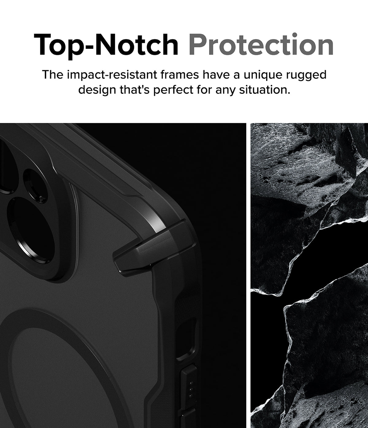iPhone 15 Plus Case | Fusion-X Magnetic Matte Black - Close-up of a rugged black phone case next to jagged rock textures.