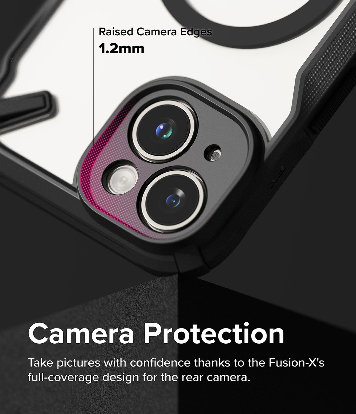 iPhone 15 Plus Case | Fusion-X Magnetic Matte Black - Close-up of phone case showing 1.2mm raised camera protection edges.