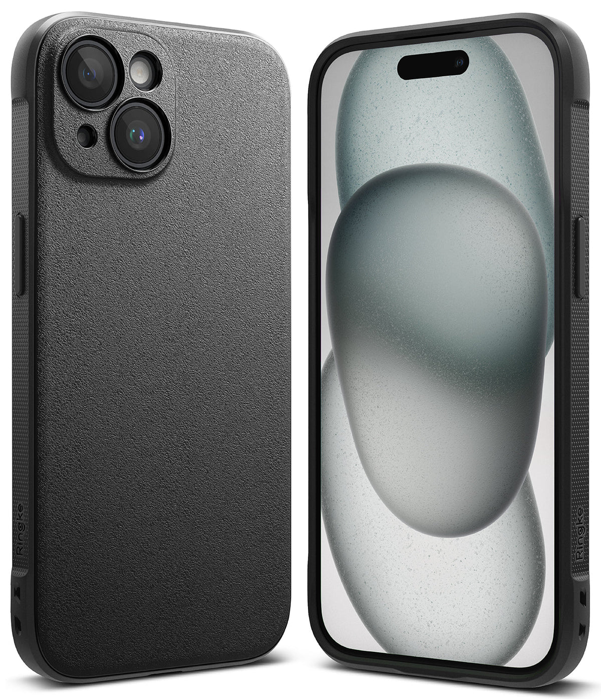 iPhone 15 Plus Case | Onyx - Front and back views of a textured black phone case on an iPhone 15 Plus.