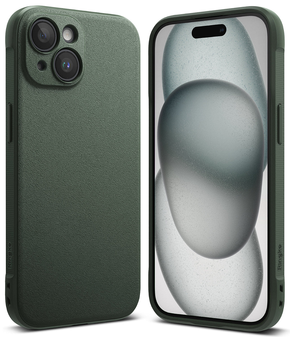 iPhone 15 Plus Case | Onyx - Textured dark green protective case shown from the back and front on an iPhone 15 Plus.