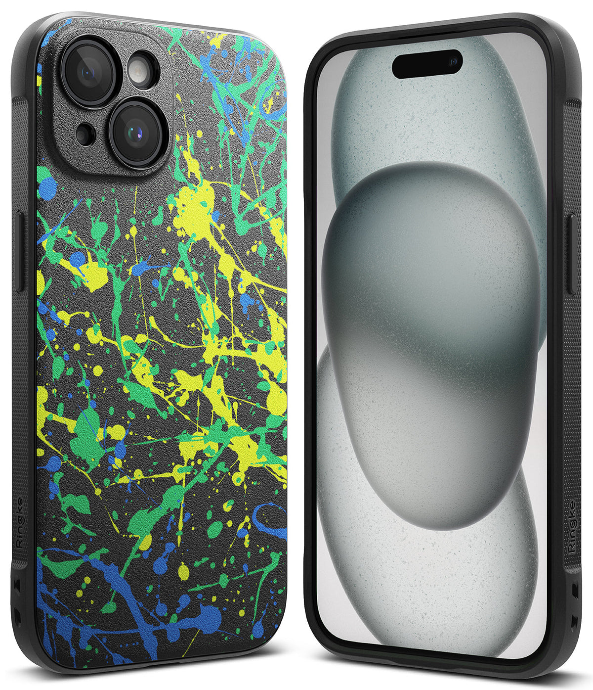 iPhone 15 Plus Case | Onyx Design - Black phone case with neon yellow, green, and blue paint splatter pattern.