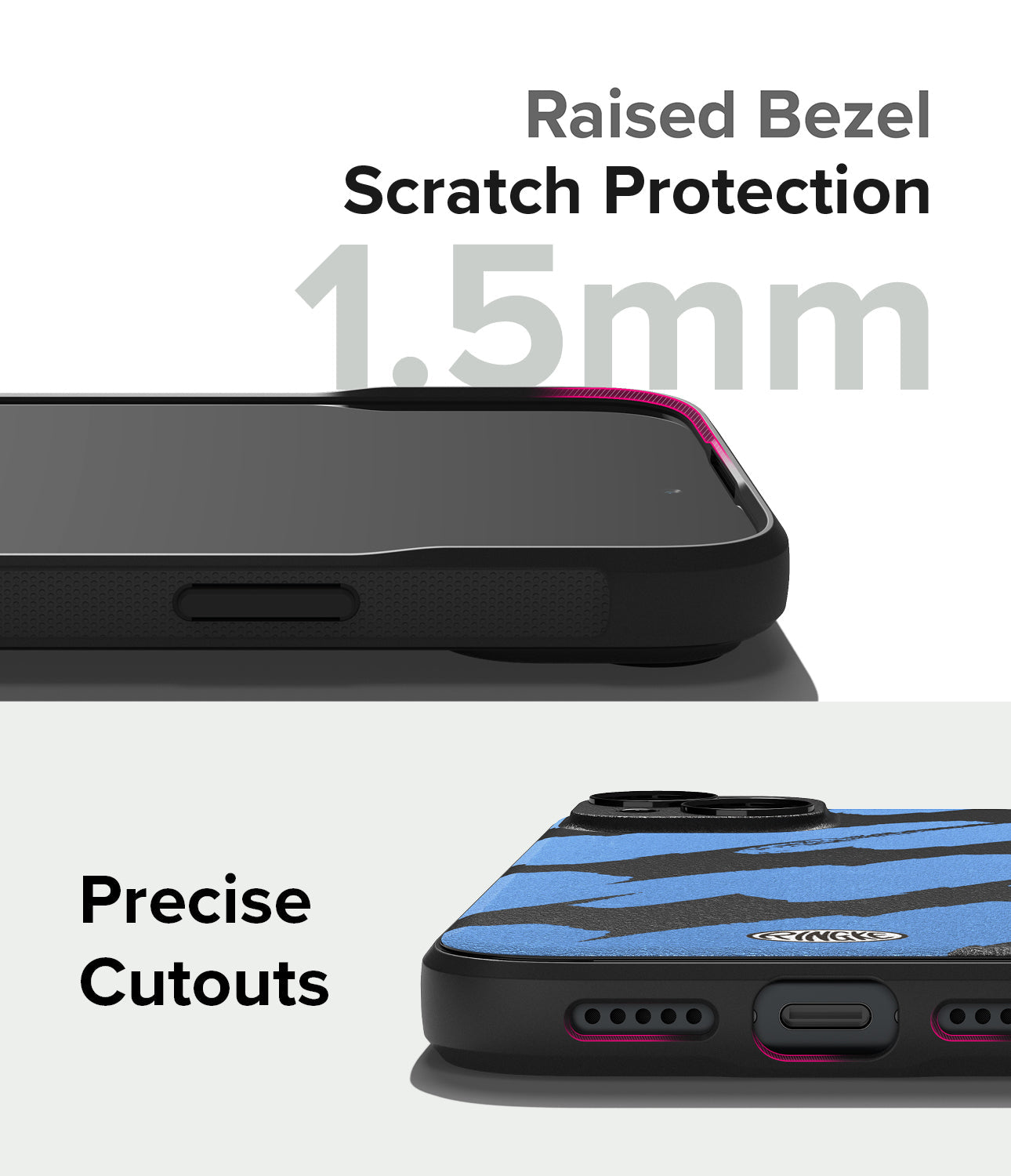 iPhone 15 Plus Case | Onyx Design - Close-up of 1.5mm raised screen bezel and precise port cutouts on a patterned phone case.