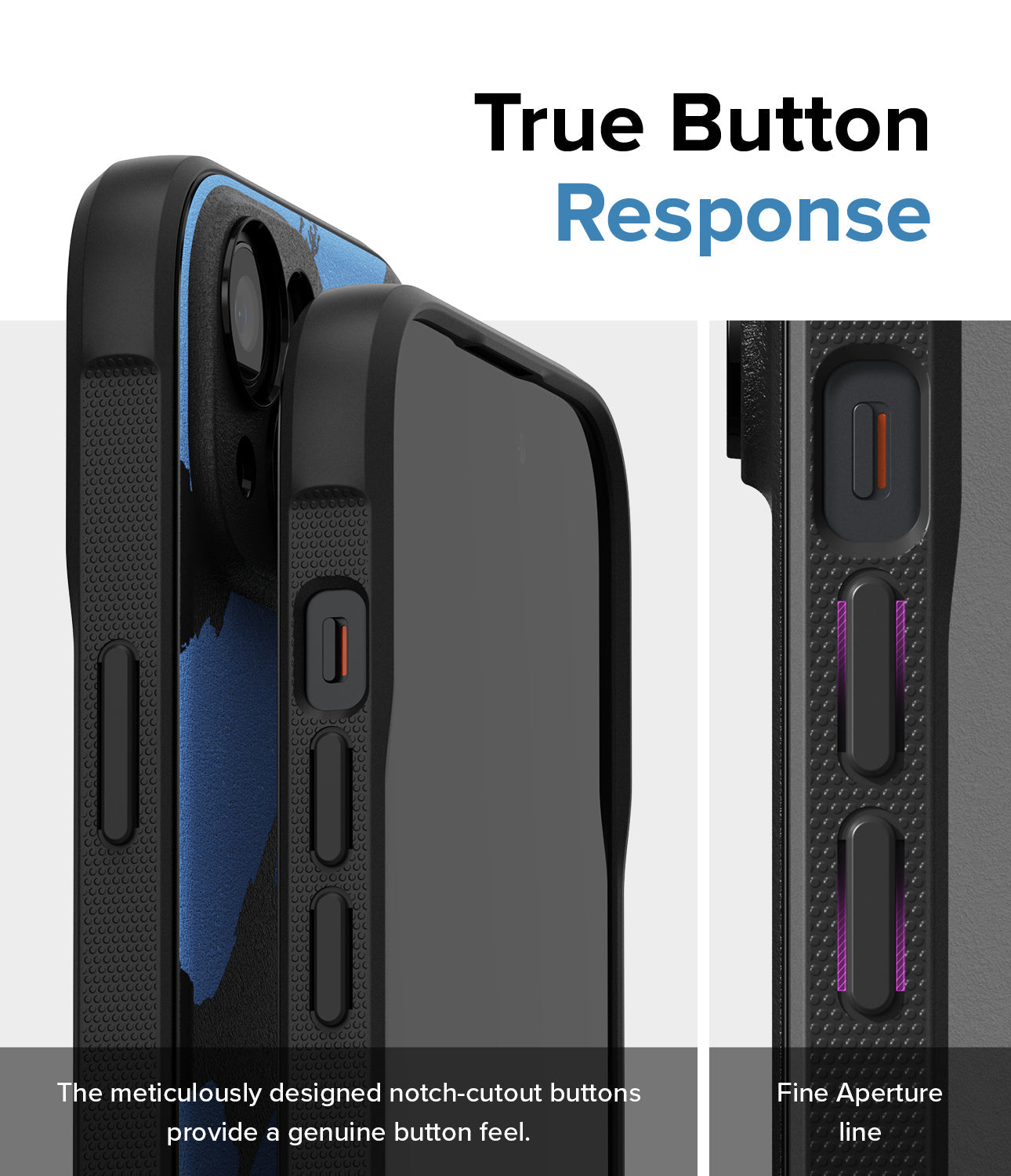 iPhone 15 Plus Case | Onyx Design - Close-up of phone case buttons with textured sides and precise cutouts for tactile response.