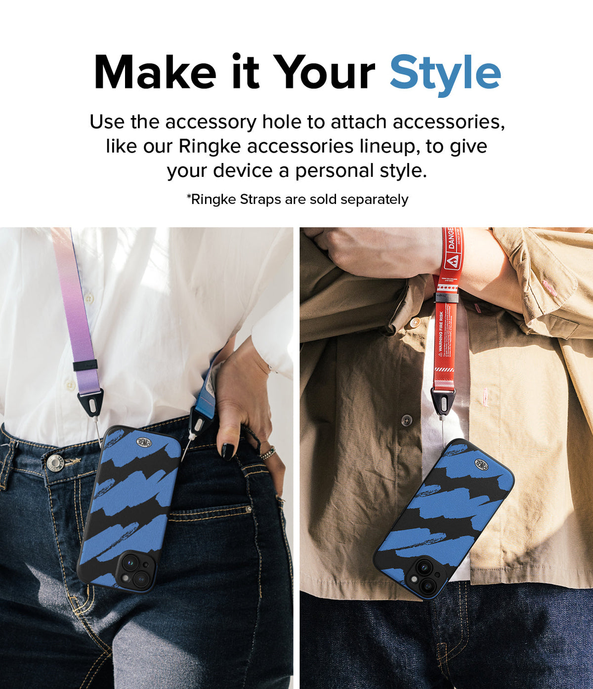 iPhone 15 Plus Case | Onyx Design - Two people wearing blue and black patterned phone cases attached to colorful lanyards.