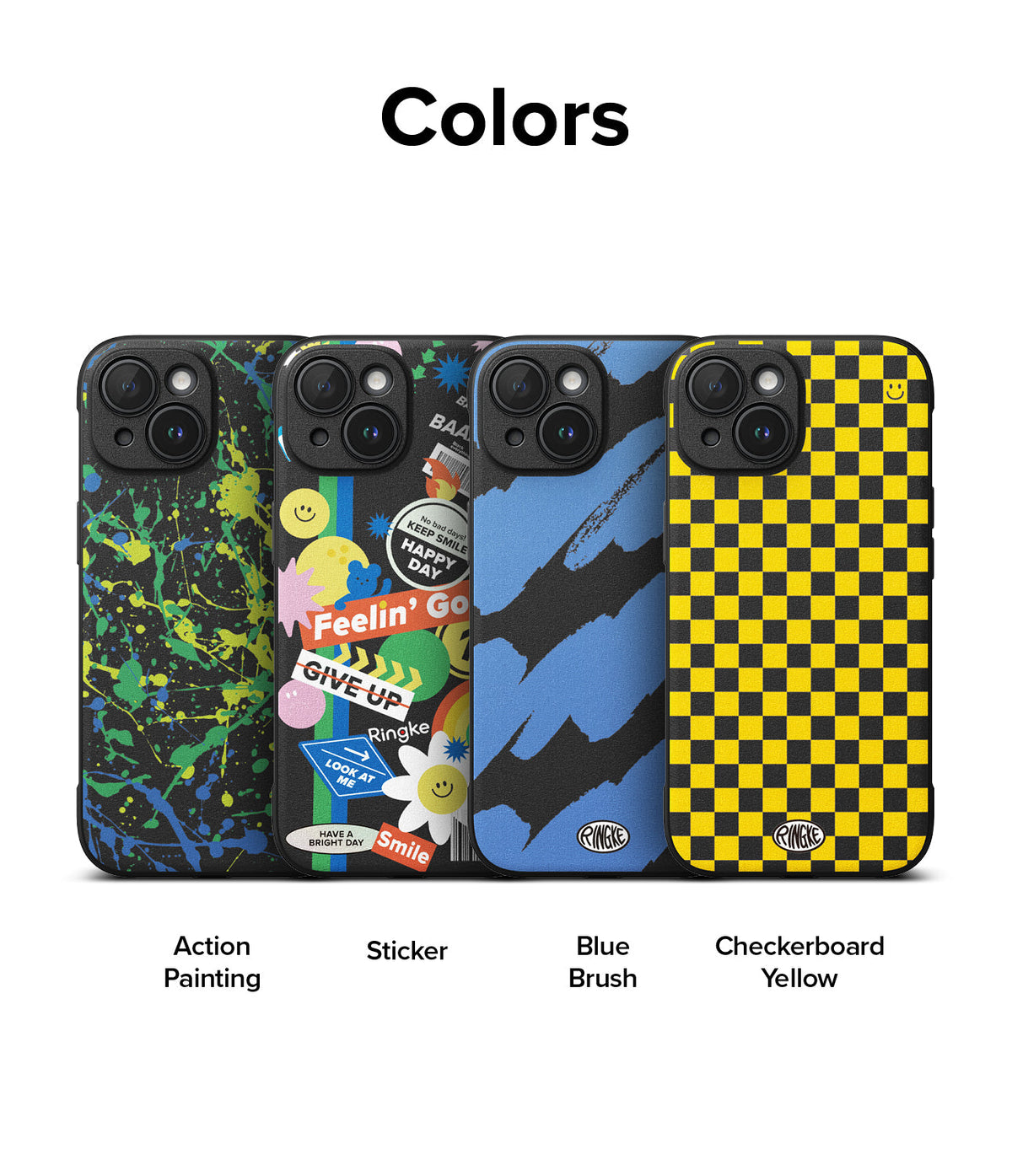 iPhone 15 Plus Case | Onyx Design - Four iPhone 15 Plus cases with Action Painting, Sticker, Blue Brush, and Yellow Checkerboard patterns.
