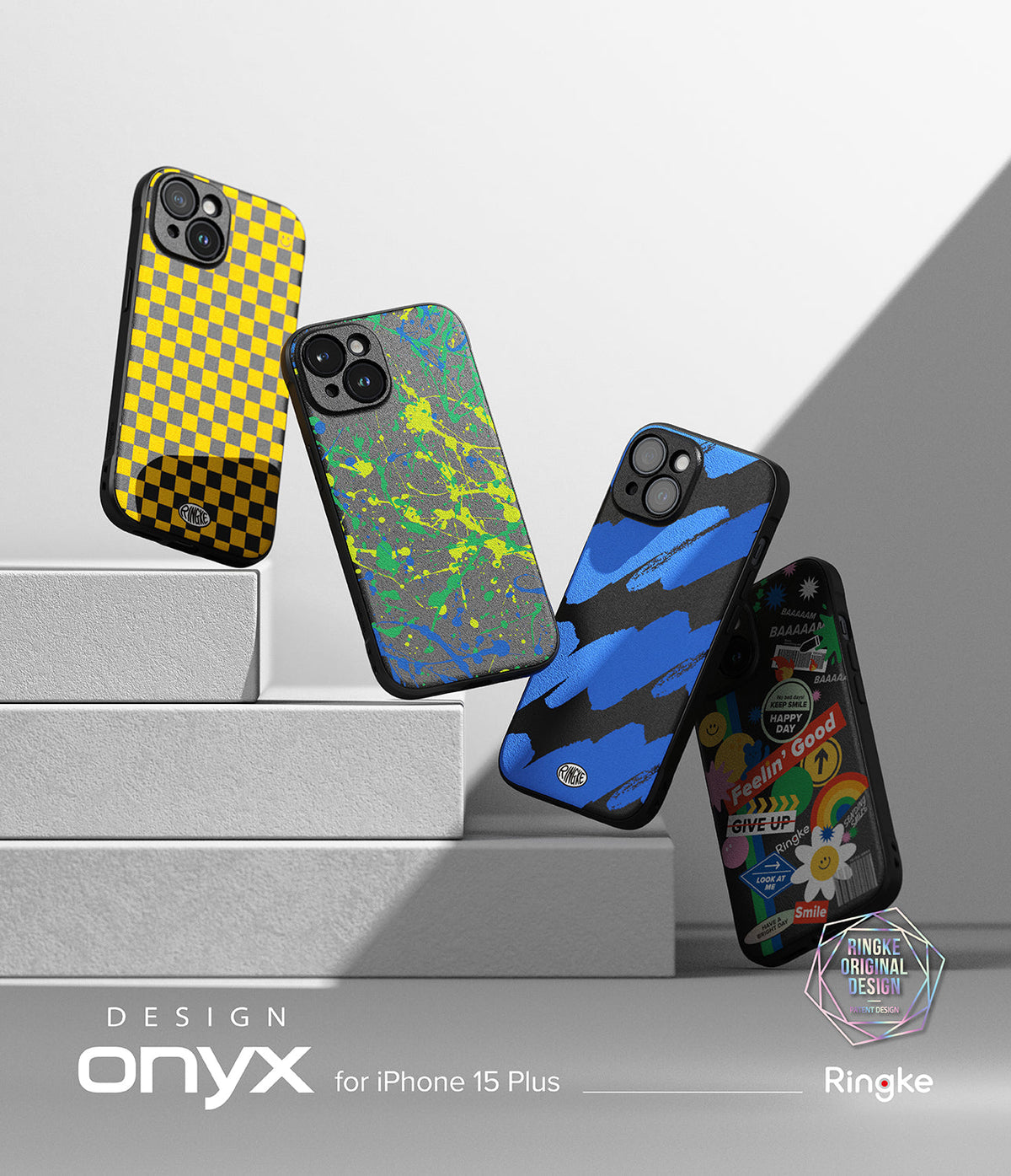 iPhone 15 Plus Case | Onyx Design - Four iPhone 15 Plus cases with checkered, paint splatter, brushstroke, and sticker patterns.