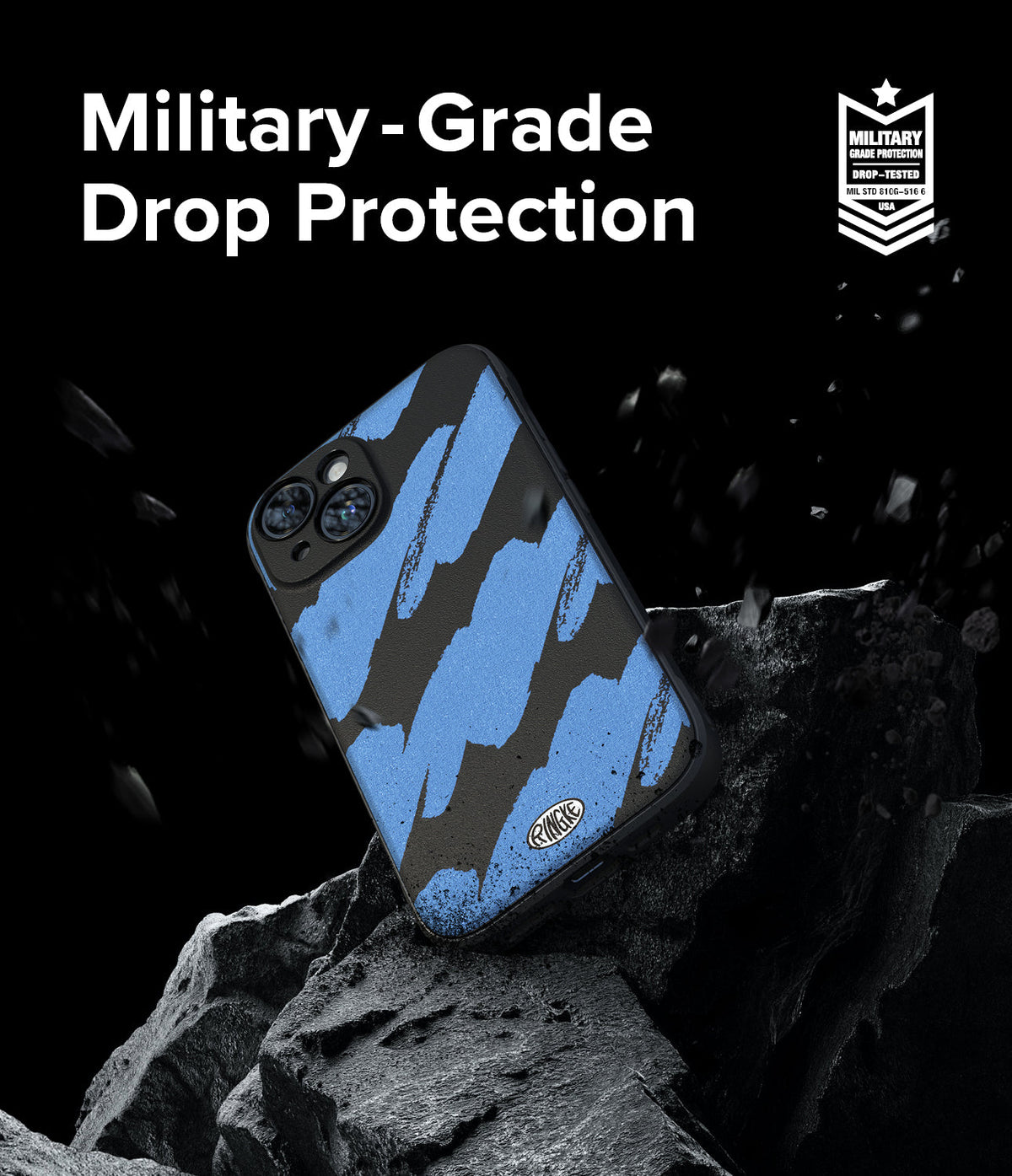iPhone 15 Plus Case | Onyx Design - Blue and black brushstroke phone case on a rock with military-grade drop protection text.
