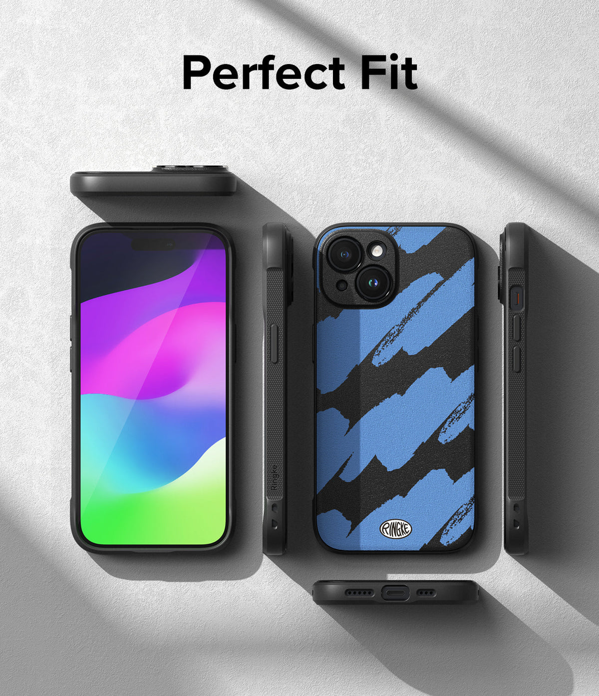 iPhone 15 Plus Case | Onyx Design - Multiple views of a phone case with a blue and black brushstroke pattern on a gray surface.