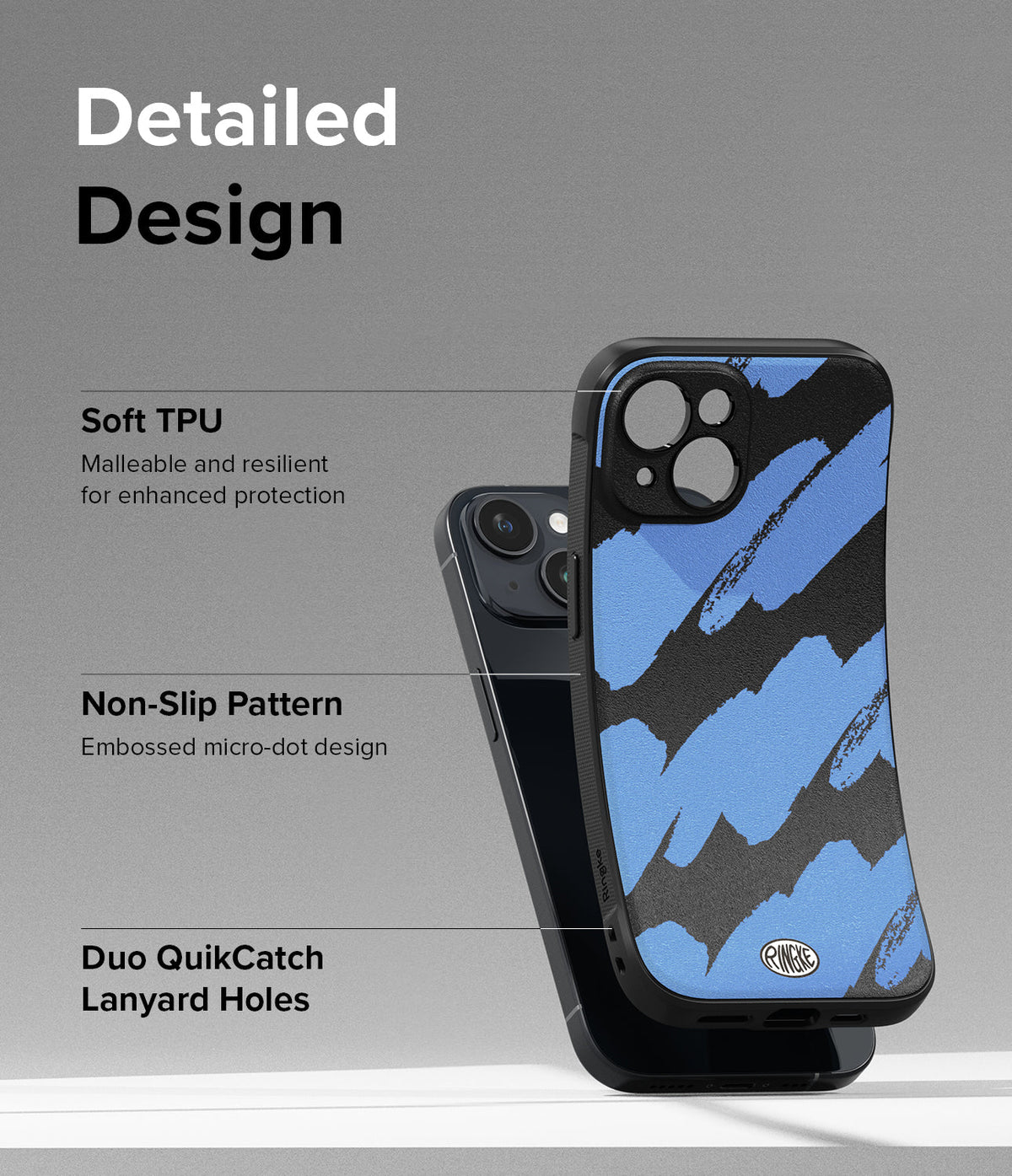 iPhone 15 Plus Case | Onyx Design - Blue and black brushstroke phone case highlighting TPU, non-slip texture, and lanyard holes.