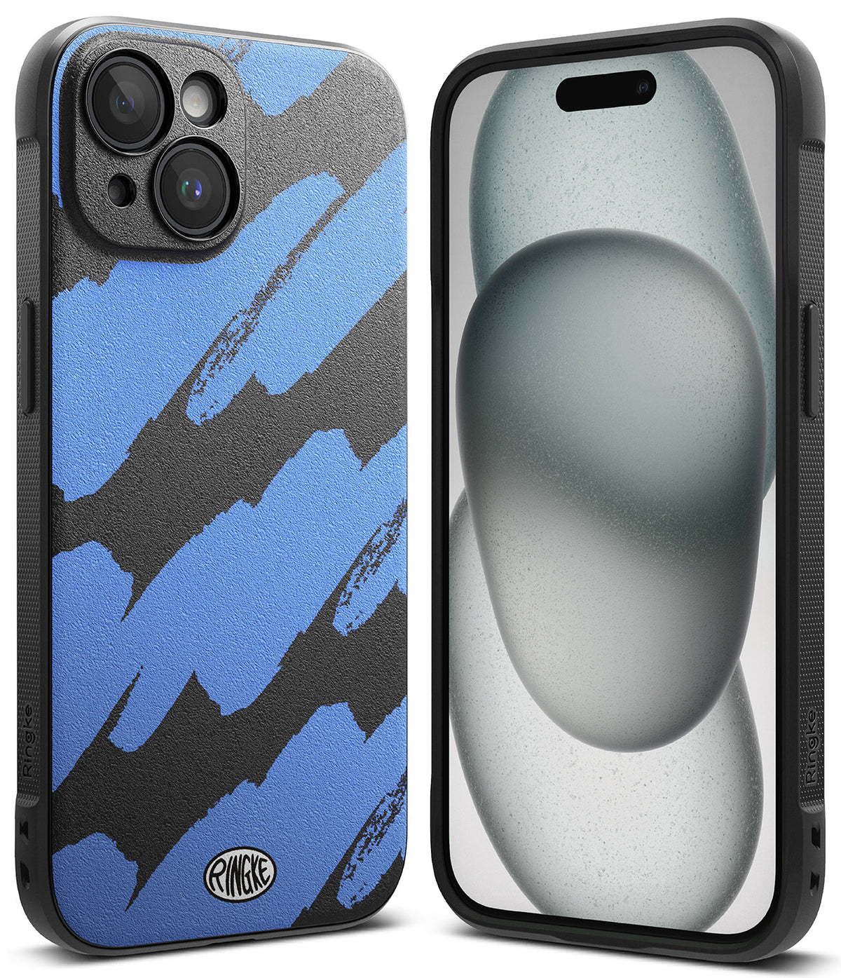 iPhone 15 Plus Case | Onyx Design - Black phone case with blue brushstroke pattern and front view showing screen.