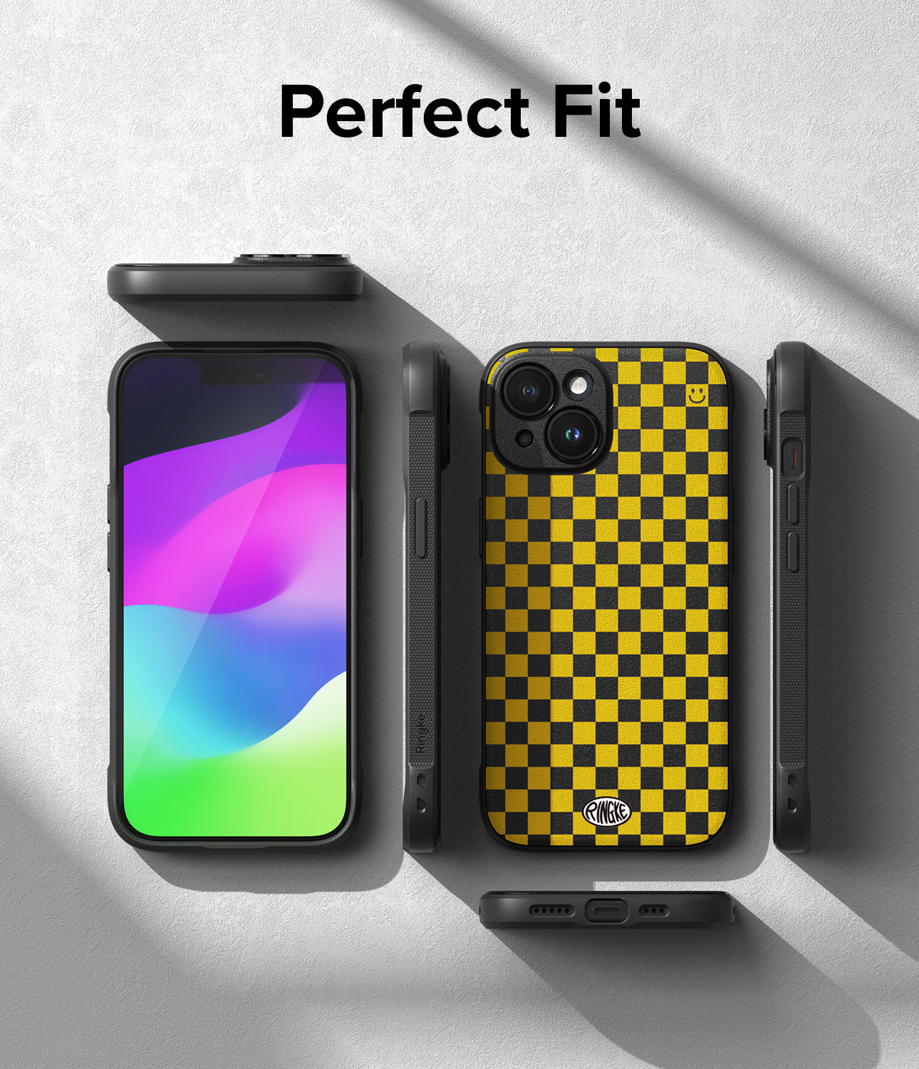 iPhone 15 Plus Case | Onyx Design - Black and yellow checkered phone case with a smiley face icon on a gray background.