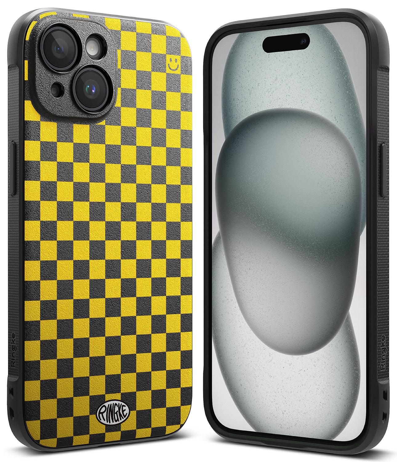 iPhone 15 Plus Case | Onyx Design - Black and yellow checkerboard phone case with a small smiley face and Ringke logo.