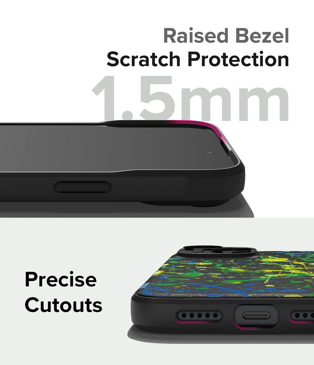 iPhone 15 Plus Case | Onyx Design - Close-up of phone case showing 1.5mm raised bezel and precise port cutouts.