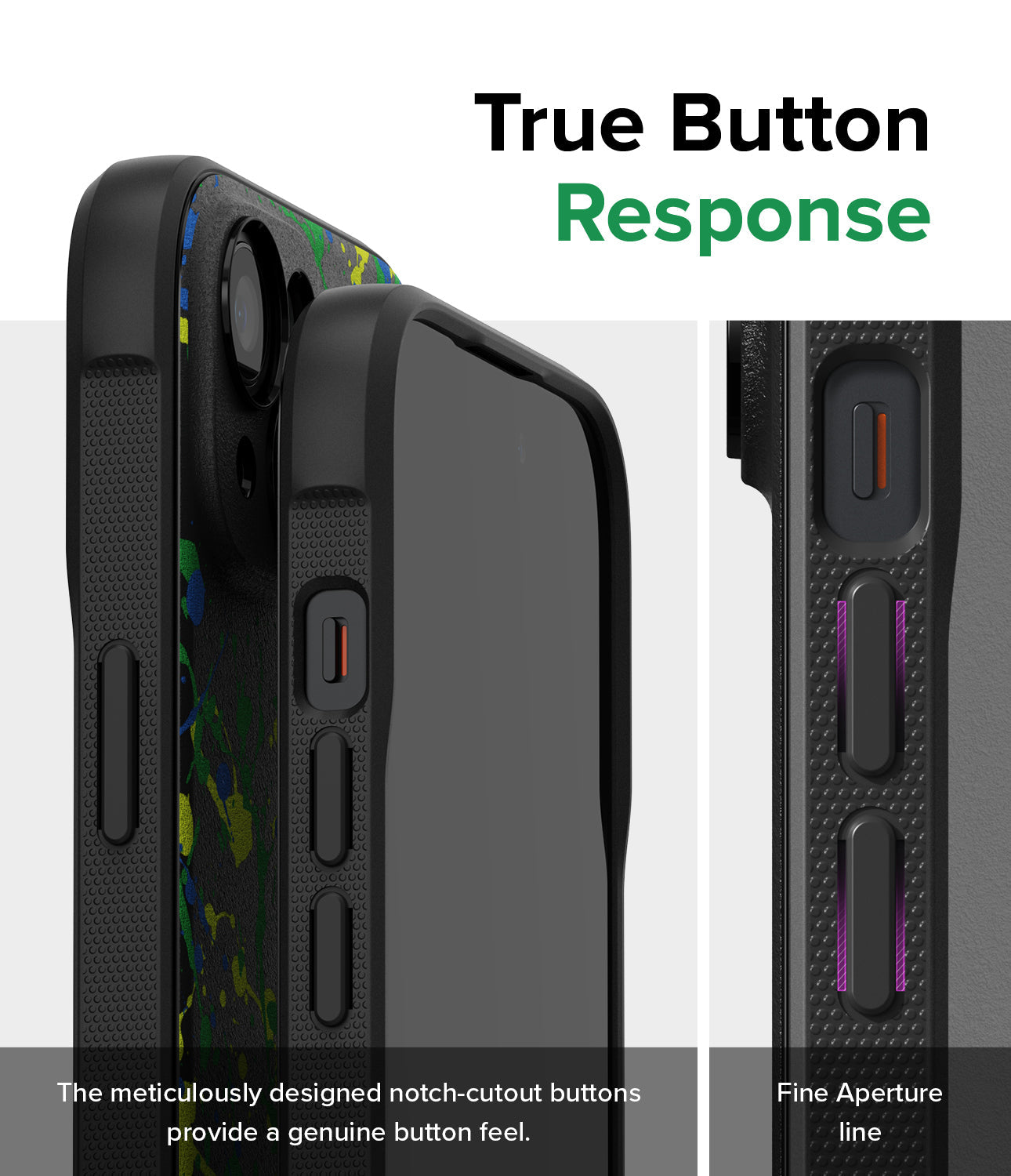 iPhone 15 Plus Case | Onyx Design - Close-up of phone case buttons with textured grip and precise cutouts for tactile response.