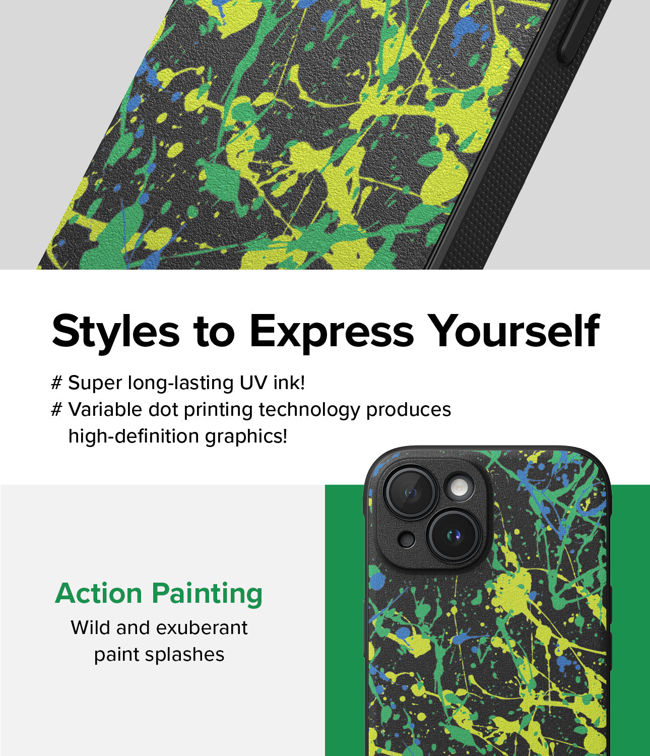 iPhone 15 Plus Case | Onyx Design - Black phone case with vibrant yellow and blue paint splatter art and UV ink texture.