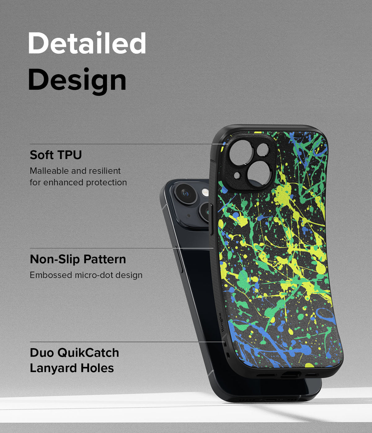 iPhone 15 Plus Case | Onyx Design - Black phone case with neon paint splatter, highlighting TPU, non-slip texture, and lanyard holes.