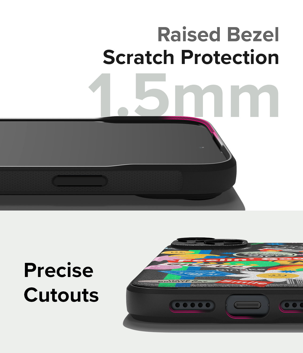 iPhone 15 Plus Case | Onyx Design - Close-up of phone case showing 1.5mm raised bezel and precise port cutouts.