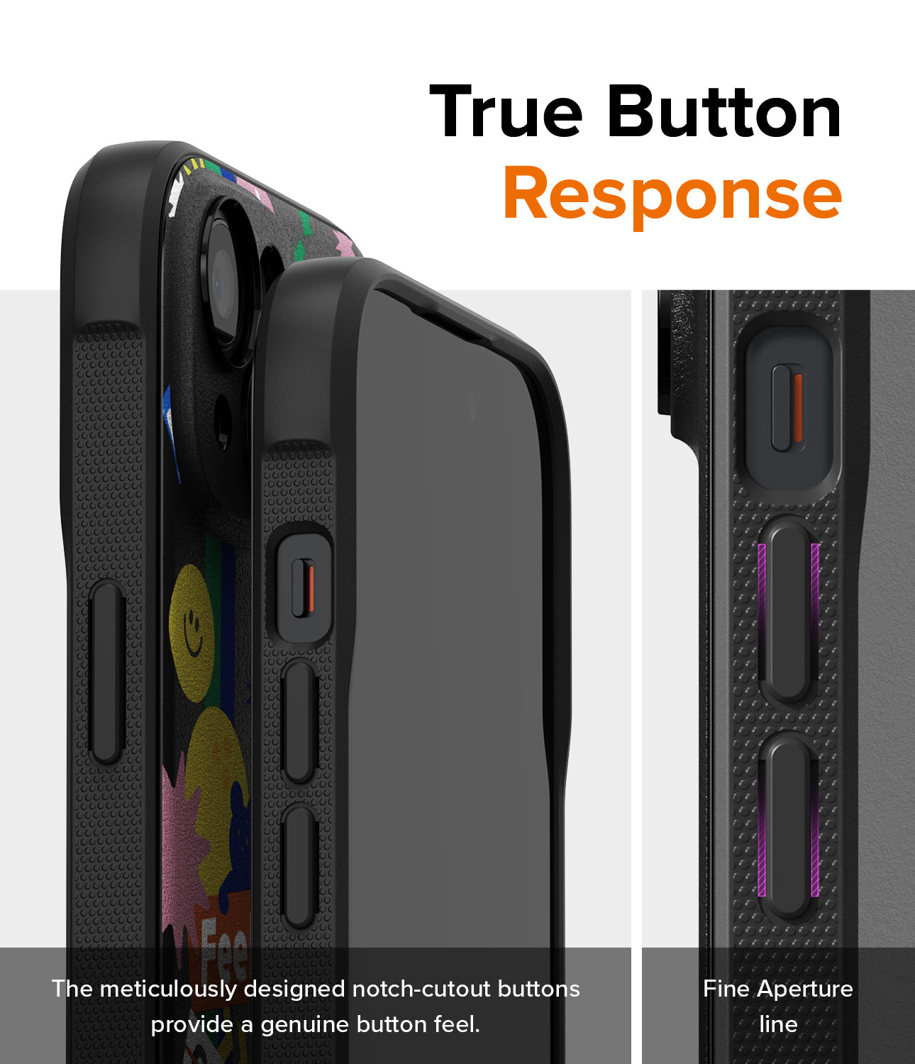 iPhone 15 Plus Case | Onyx Design - Close-up of phone case buttons with notch-cutouts for a tactile, responsive feel.