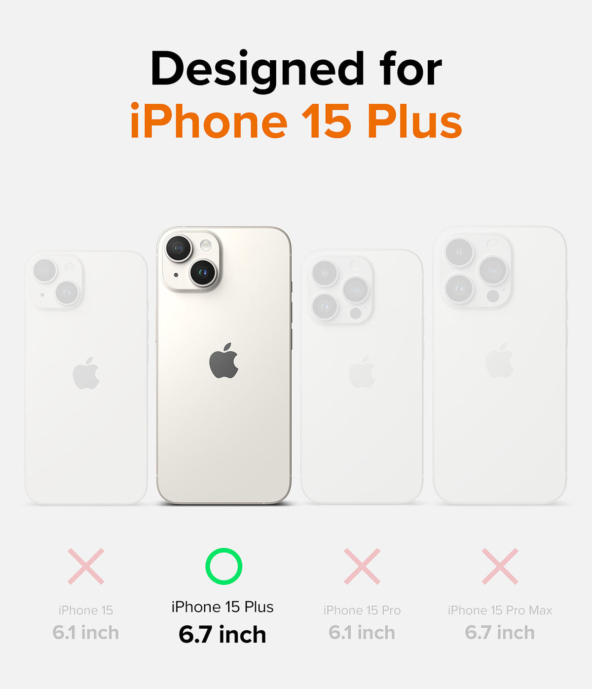 iPhone 15 Plus Case | Onyx Design - Comparison chart showing iPhone 15 Plus is the only compatible model with a green check.