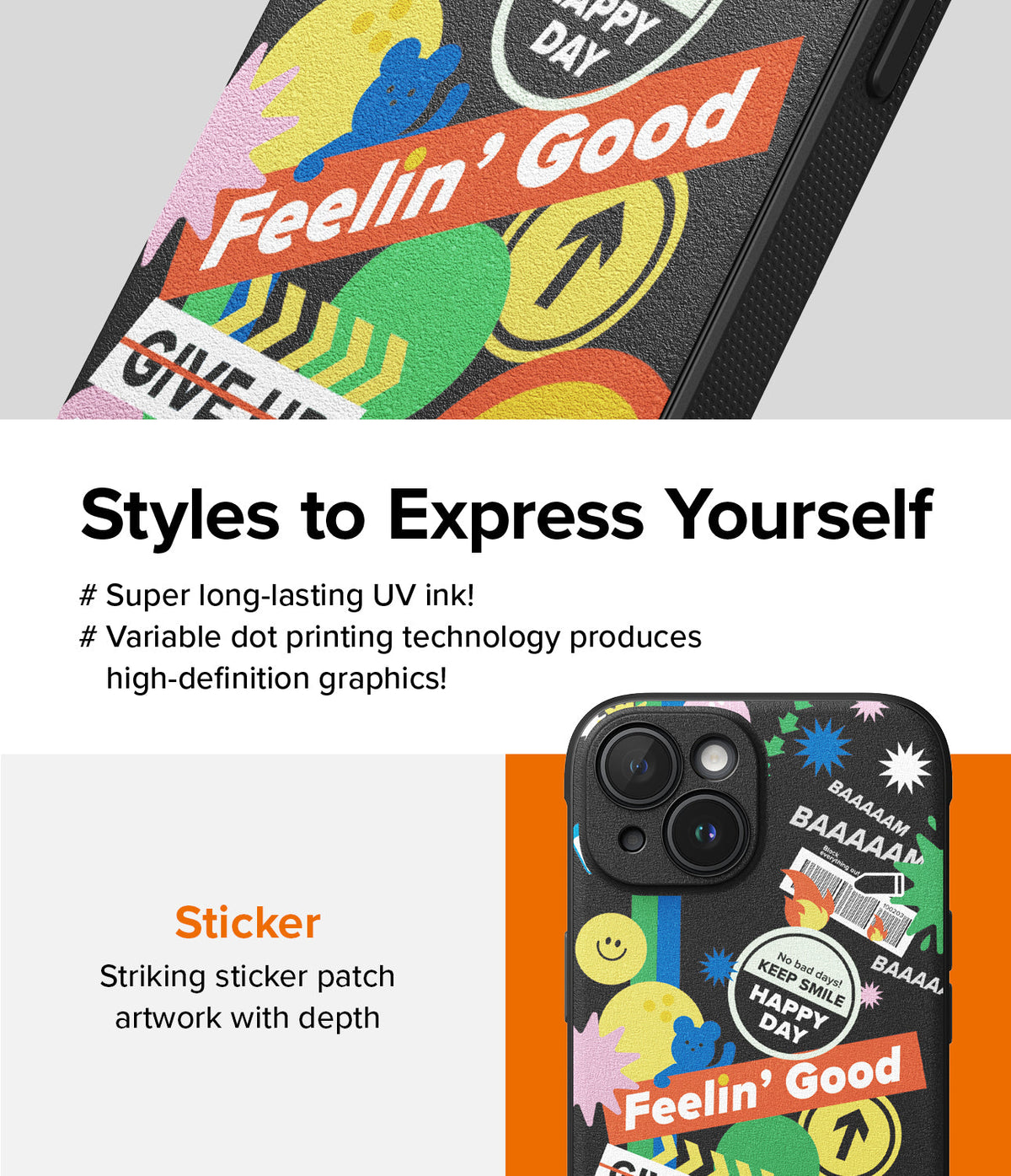 iPhone 15 Plus Case | Onyx Design - Black phone case featuring a vibrant, layered sticker-style collage of colorful graphics.