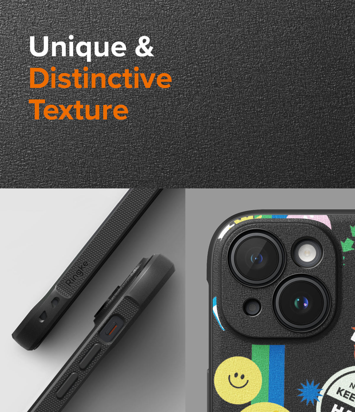 iPhone 15 Plus Case | Onyx Design - Textured black phone case with colorful graphic stickers and side grip details.
