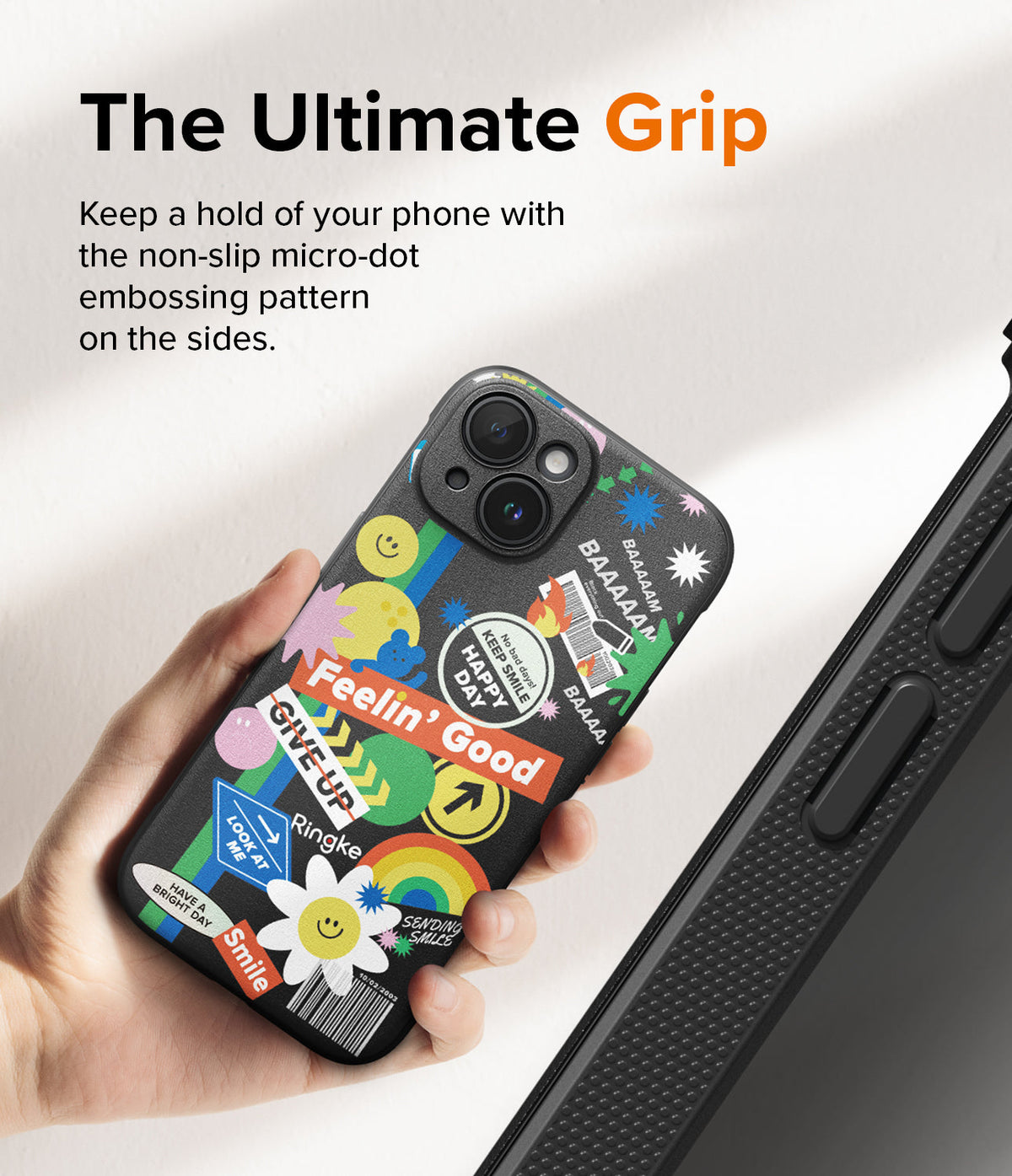 iPhone 15 Plus Case | Onyx Design - Hand holding a black phone case covered in colorful, playful sticker-style graphics.