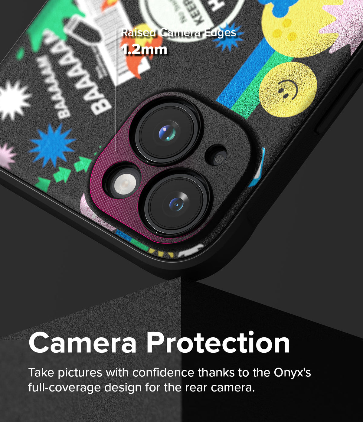 iPhone 15 Plus Case | Onyx Design - Close-up of phone case showing 1.2mm raised camera edges and colorful sticker-style art.