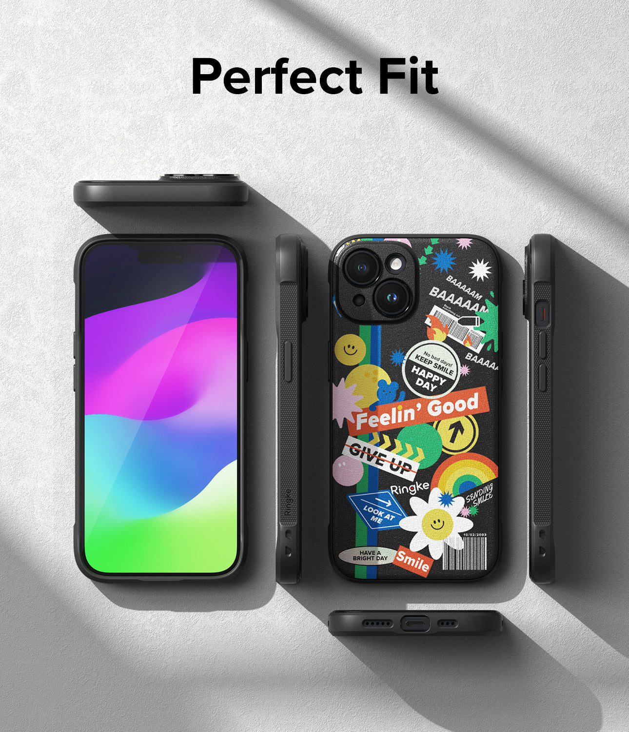 iPhone 15 Plus Case | Onyx Design - Black phone case with colorful sticker-style graphics and a vibrant screen display.
