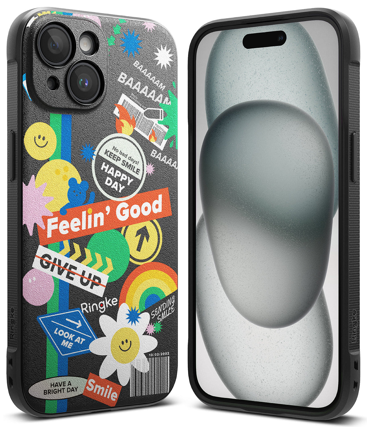 iPhone 15 Plus Case | Onyx Design - Black phone case covered in colorful, playful stickers including rainbows, flowers, and text.