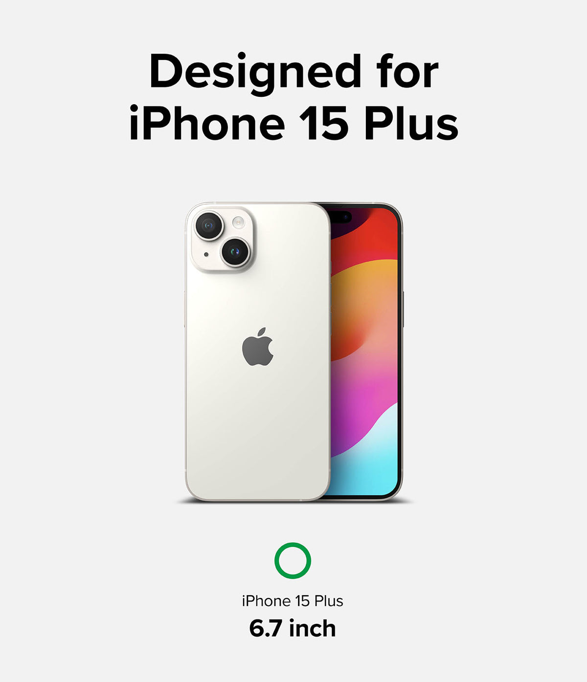 iPhone 15 Plus Screen Protector | Privacy Glass - iPhone 15 Plus Screen Protector - White iPhone 15 Plus with a privacy screen protector, labeled for 6.7-inch display.