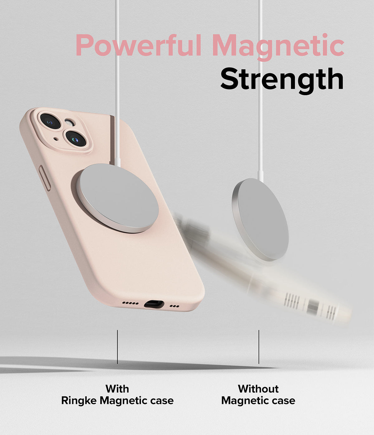 iPhone 15 Plus Case | Silicone Magnetic - A magnetic charger holding a pink phone case while another phone falls away.