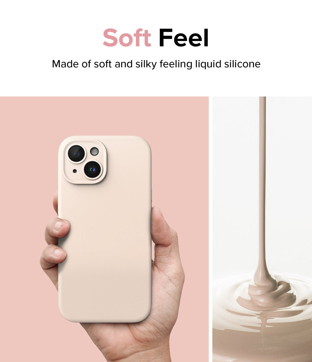 iPhone 15 Plus Case | Silicone Magnetic - Hand holding a beige silicone phone case next to liquid silicone pouring.
