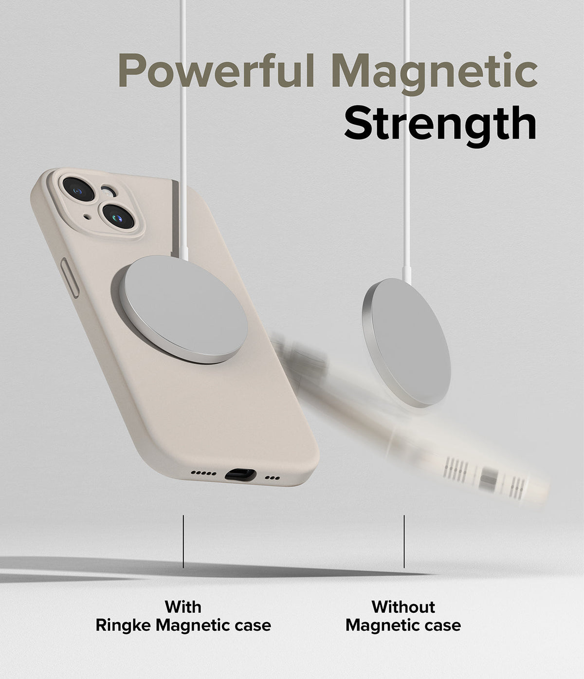iPhone 15 Plus Case | Silicone Magnetic - Comparison showing a magnetic charger attached to a case versus falling off.