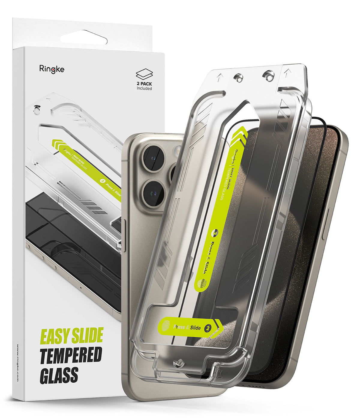 iPhone 15 Pro Max Screen Protector | Easy Slide Tempered Glass - iPhone 15 Pro Max Screen Protector - Ringke tempered glass installation kit with alignment frame and smartphone.