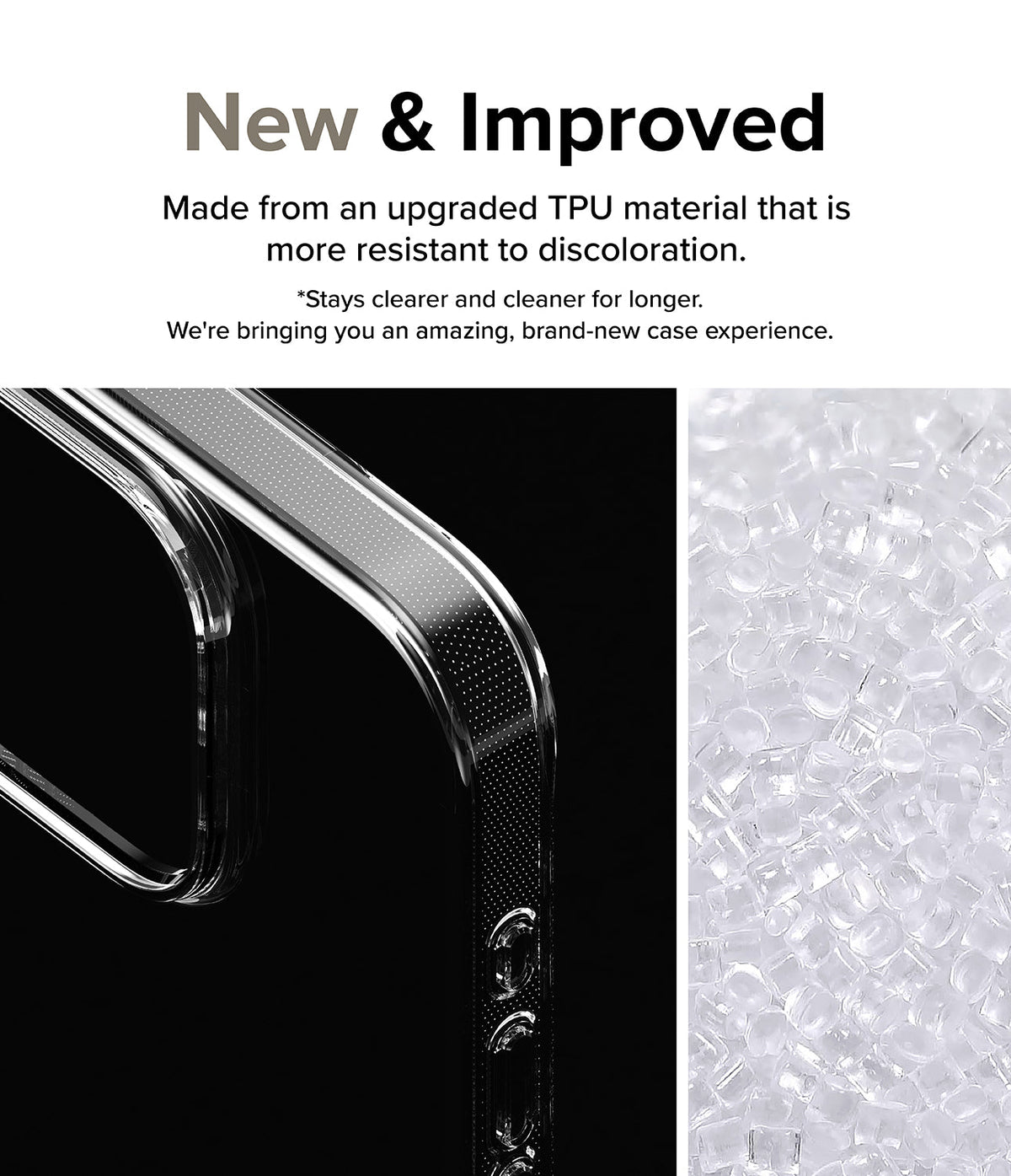 iPhone 15 Pro Case | Air - Clear case with micro-dot texture and pile of raw TPU pellets highlighting upgraded material.